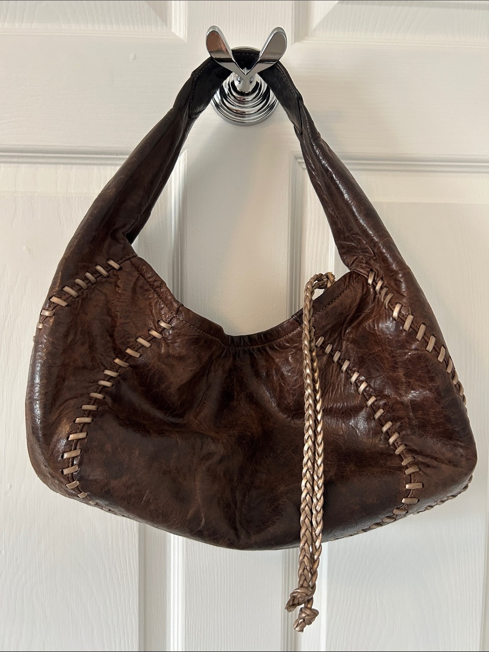 Kooba Dark Brown Leather Hobo with Braided Drawstring